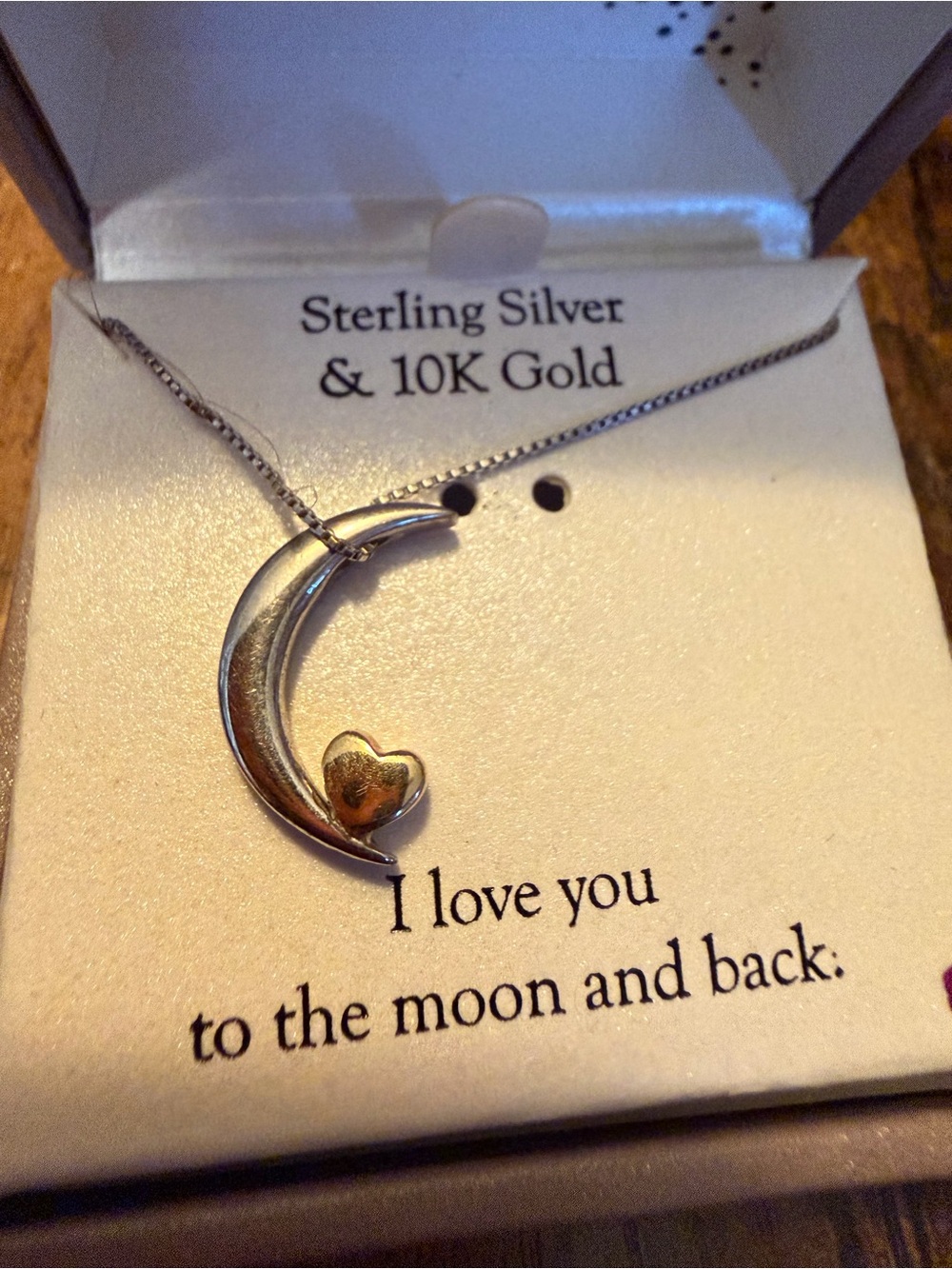 Two-Tone Moon & Heart Necklace — Silver Crescent with Gold Heart